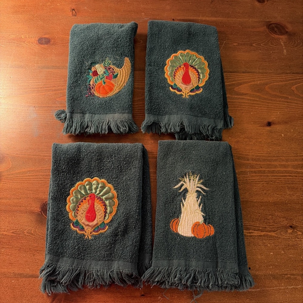 4 Jay‎ Franco Green 100% Cotton Towels Fall Thanksgiving Theme